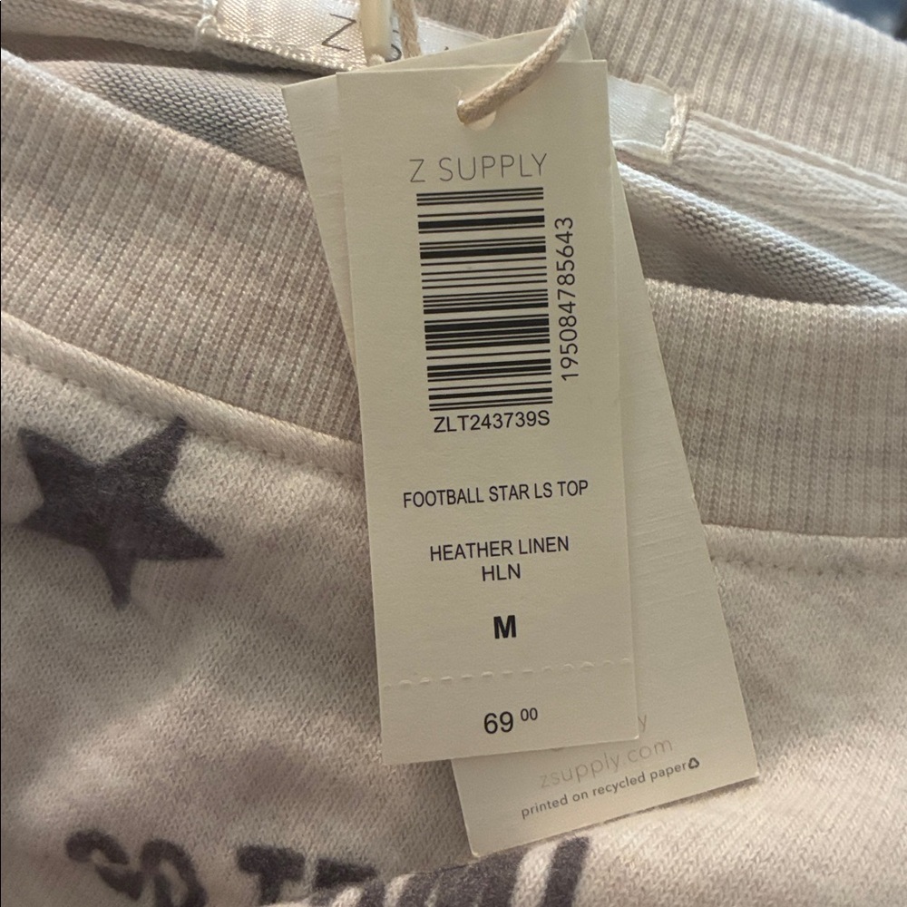NWT Z Supply Football Star Long Sleeve Top Heather Linen Size M - Picture 5 of 6